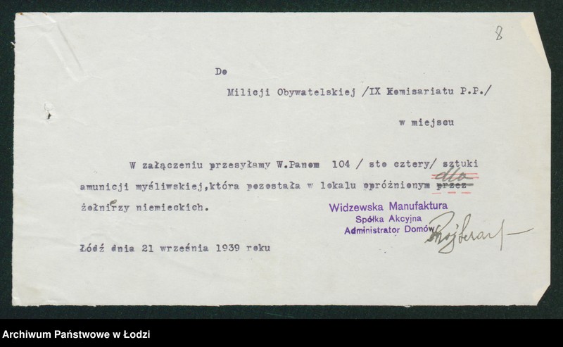 Obraz 10 z jednostki "[Akta IX Komisariatu Milicji Obywatelskiej - pokwitowania, spisy oddanej broni, spisy wolnych lokali, rowerów i motocykli]"