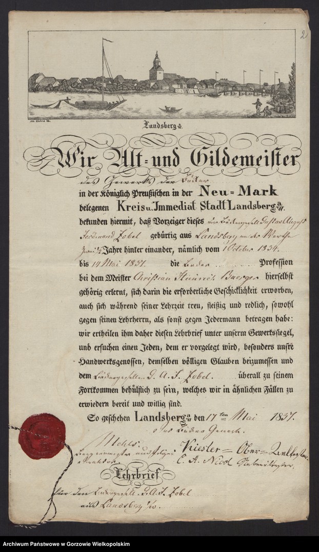 image.from.unit.number "[Lehrbrief für den Bäckergesellen Gustav August Ferdinand Zobel aus Landsberg an der Warthe. Landsberg an der Warthe den 17 Mai 1837]"