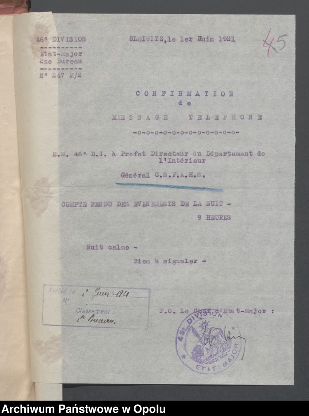 Obraz 7 z jednostki "Entrees-Pieces emanant des autorites Subordonnees-Evenements /Korespondencja od jednostek podległych w sprawie zdarzenia z miesiąca VI.1921/ 1-25.06.1921"