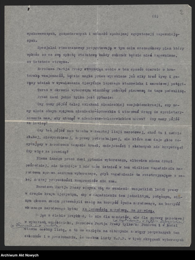image.from.unit.number "Narodowa Partia Pracy. Program (maszynopis - poprawki ręką dr J. Orłowskiego)"