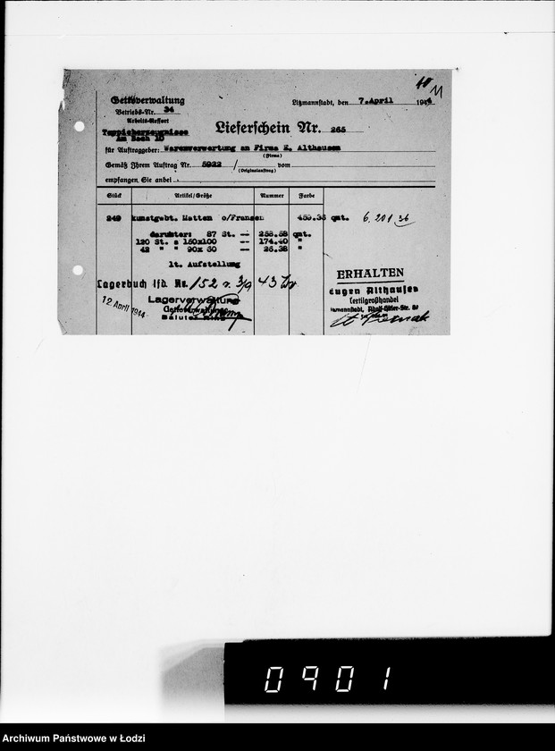 Obraz 15 z jednostki "Auftrag 592 Warenverwertung von den Judenältesten für Eugen Althausen Litzmannstadt"