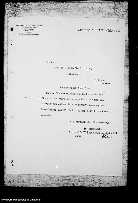 image.from.unit.number "/Korrespondenz des Justitzrats Dr. Loewenfeld- Berlin mit den Gläubigern des Gfen u. ihm selbst in sachen der Zwangsverwaltung von Steinort etc/"