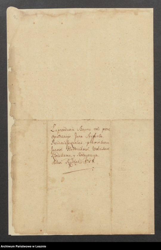 Obraz 4 z jednostki "Zaprzedanie Sznuru roli przez Jana Seyferta, Przedmieszczanina, pracowitemu Janowi Herbrichowi Wolnikowi Kłodzkiemy"