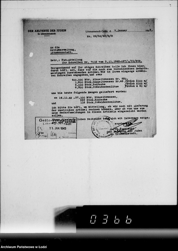 Obraz 5 z jednostki "[Korespondencja Przełożonego Starszeństwa Żydów w Getcie w sprawach przydziału maszyn i urządzeń oraz półfabrykatów do produkcji]"