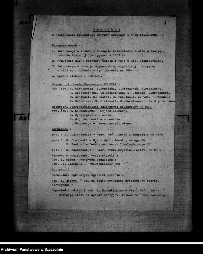 image.from.unit.number "Protokoły posiedzeń Egzekutywy Komitetu Wojewódzkiego Polskiej Zjednoczonej Partii Robotniczej: 14, 22 marca; 5, 12, 18 kwietnia 1984 r."