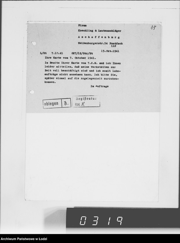 Obraz 19 z jednostki "[Korespondencja z urzędami, instytucjami i firmami] Lit.Ko-Ky"