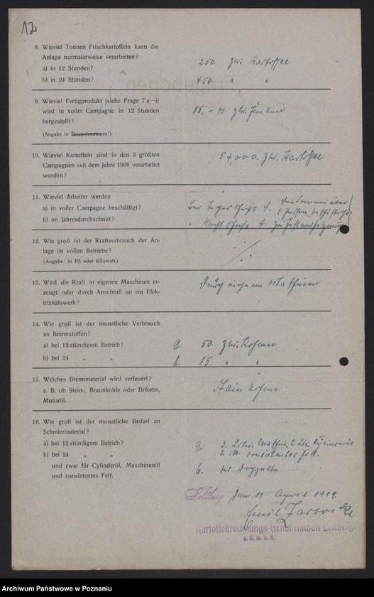 Obraz 14 z jednostki "[Kwestionariusze statystyczne dotyczące suszarni i krochmalni ziemniaków]"