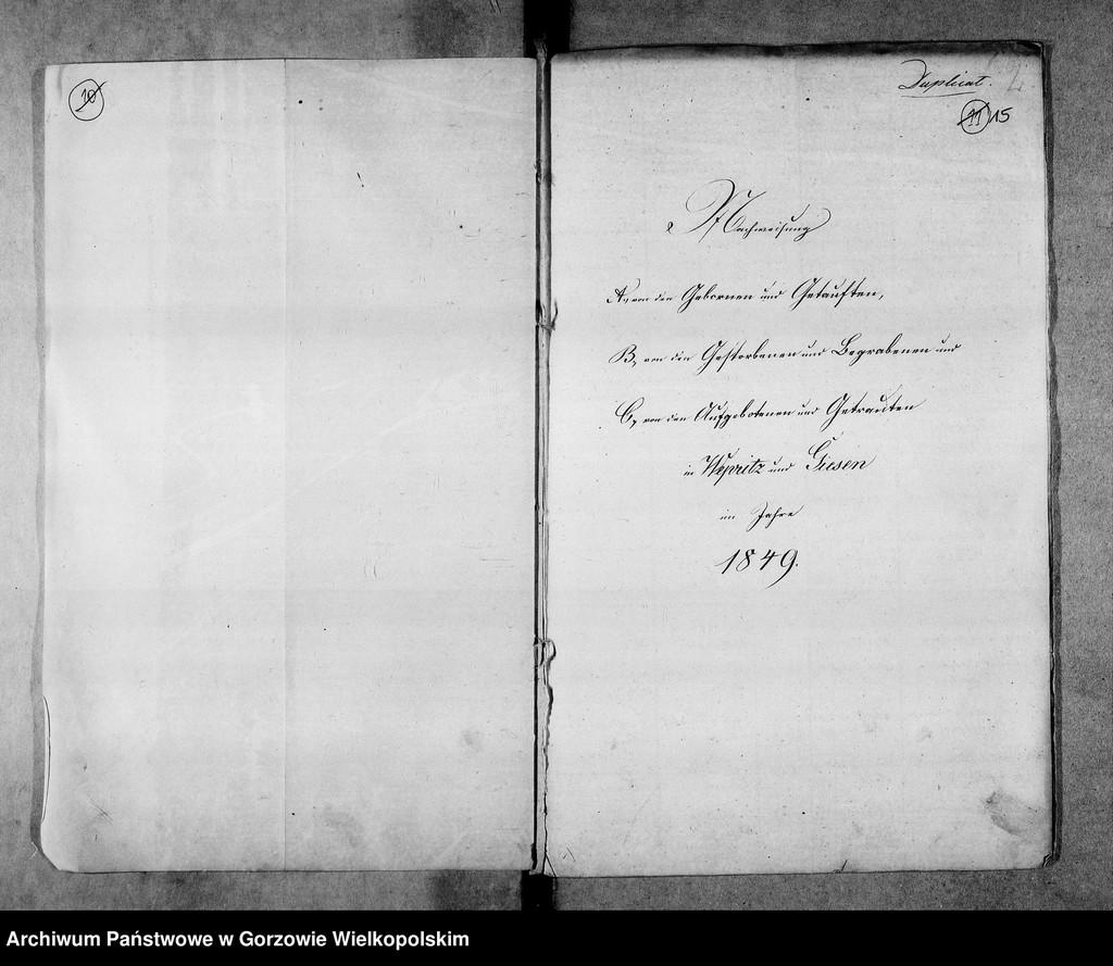 image.from.unit.number "Duplikate der Kirchenbücher von Wepritz (Wieprzyce) und Friedrichstadt (przedmieście Gorzowa Wielkopolskiego), Giesen (Jeże) und Bergenhorst"