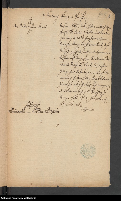 image.from.unit.number "In S. [Sachen] des Magistri Immanuel Kant wegen dessen Vorschlagung zu einer sich eröfnenden Professor=Stelle alhier"