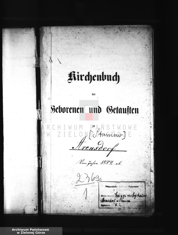 image.from.unit "Kirchenbuch der Geborenen u[nd] Getauften zu Arensdorf vom Jahre 1882 ab 1939."