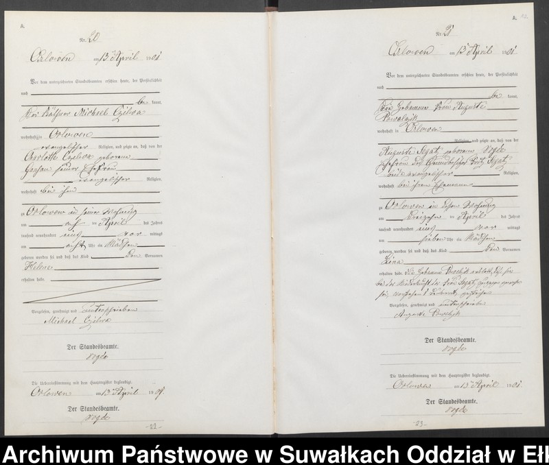 image.from.unit.number "Geburts-Neben-Register des Preussischen Standes-Amtes Orlowen Kreis Loetzen"