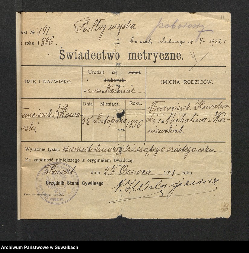 image.from.unit.number "Dokumenta so aktów ślubnych parafji Smolnickiej za 1922 rok"