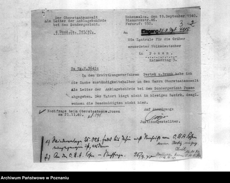 Obraz 7 z jednostki "Korespondencja w sprawie wytoczenia procesów sądowych Polakom, podejrzanym o zabójstwo miejscowych Niemców w 1939roku"