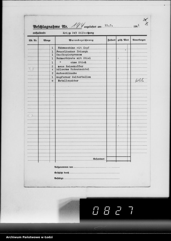 Obraz 12 z jednostki "Kripo.Unterlagen 1-199 [Kartoteka skonfiskowanego majątku ruchomego u Żydów]"