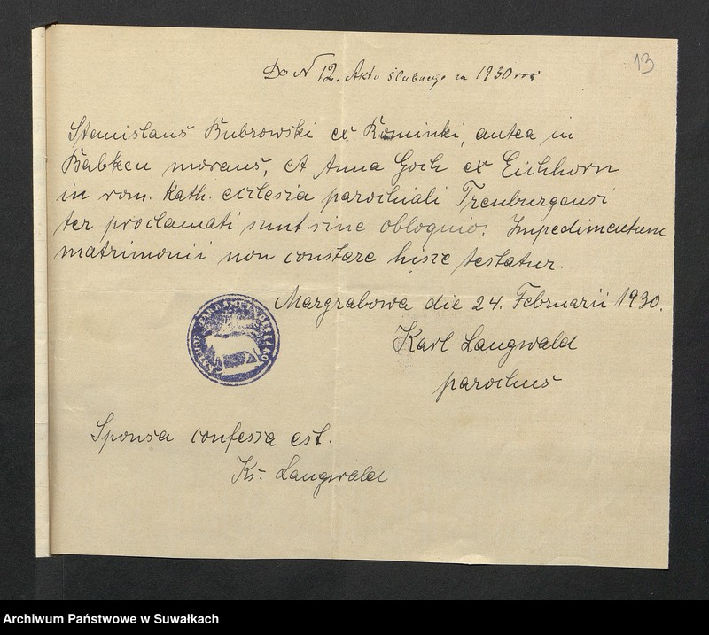 Obraz 15 z jednostki "Aneksa Aktów Ślubnych Rz-Katolickiej par. Wigierskiej za 1930 rok"