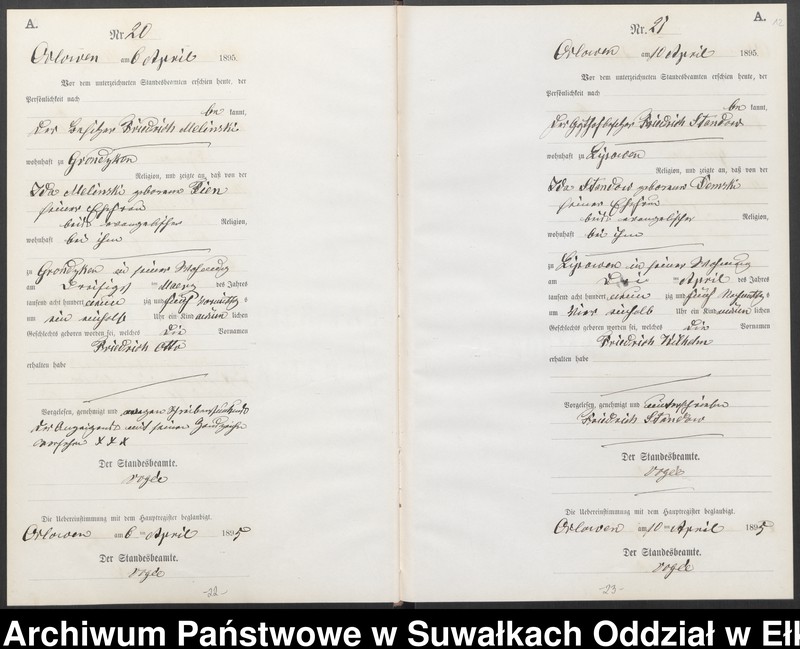 image.from.unit.number "Geburts-Neben-Register des Preussischen Standes-Amtes Orlowen Kreis Loetzen für das Jahr 1895"
