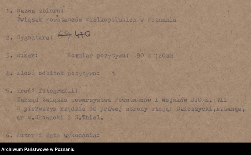 Obraz 4 z jednostki "Zarząd Związku Towarzystwa Powstańców i Wojaków Dowództwa Okręgu Korpusu VII w pierwszym rzędzie od prawej strony stoją: D. Zarzycki, I. Lange, dr Z. Głowacki i S. Thiel."