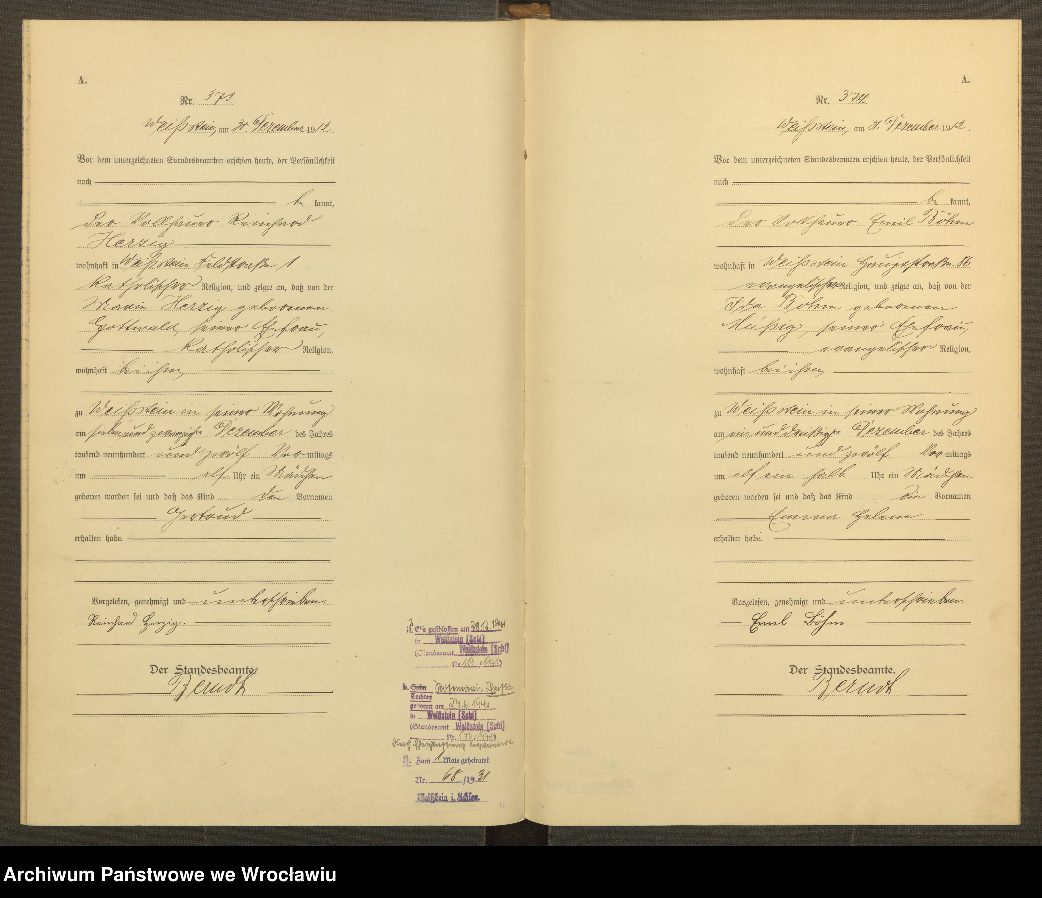 Skan z jednostki: Księga urodzeń USC Biały Kamień (Weissstein) 1912