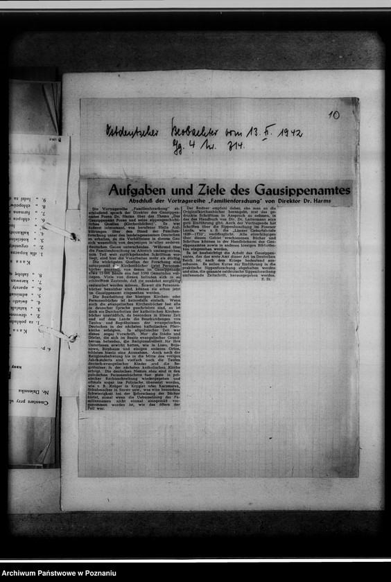Obraz 14 z jednostki "Pressenotizen über das GSA [Korespondencja i wycinki prasowe o działalności, zadaniach i celach Gausippenamt w Poznaniu]"