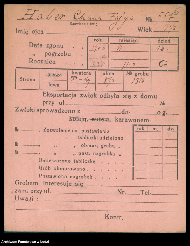 Obraz 6 z jednostki "Kartoteka osób pochowanych na cmentarzu żydowskim przy ulicy Brackiej w latach 1892-1961. Nazwiska na litery: Ha-Helme"