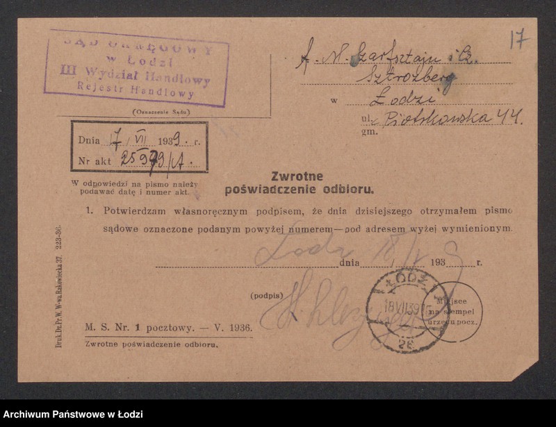 Obraz 19 z jednostki "Mordcha Jojne Scharfsztejn, Chaskiel Sztrozberg – sprzedaż towarów włókienniczych własnego wyrobu"