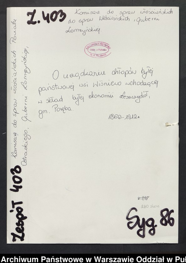image.from.unit.number "O urządzaniu chłopów byłej państwowej wsi Wiśniewo wchodzącej w skład byłej ekonomii Leszczydół, gm. Poręba"