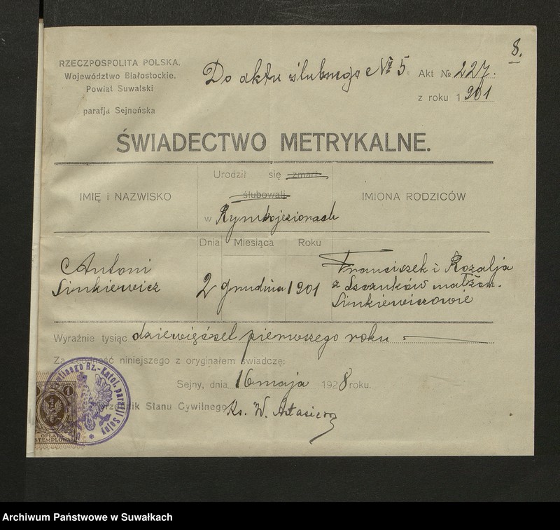 image.from.unit.number "Dokumenty Zaślubionych Smoleńskiej parafji za 1928 rok"