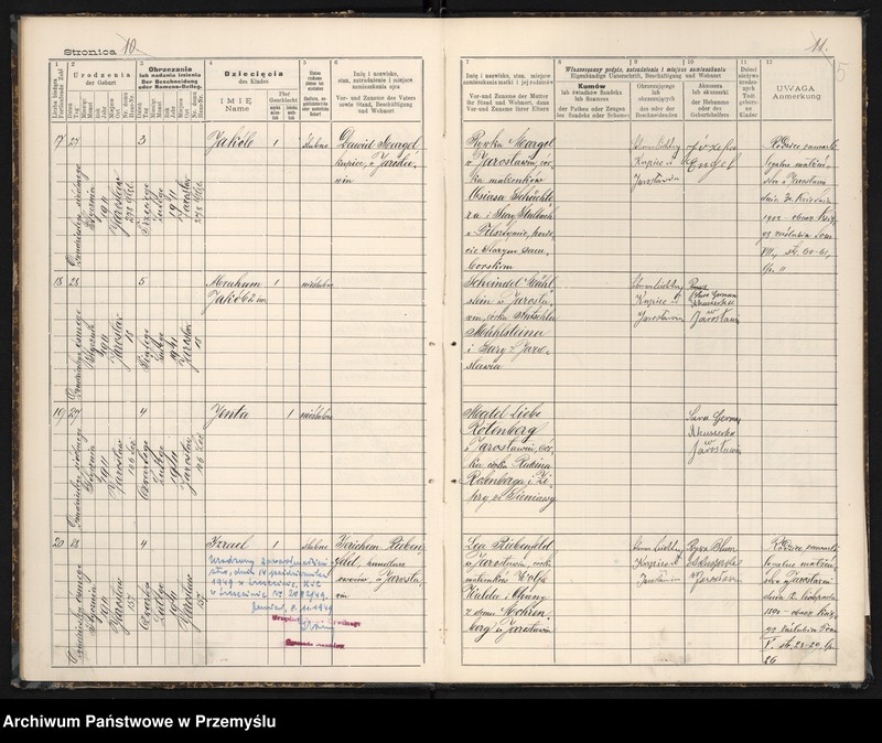 image.from.unit.number "Księga urodzin izr[aelickiego] Urzędu metrykalnego w Jarosławiu 1911"