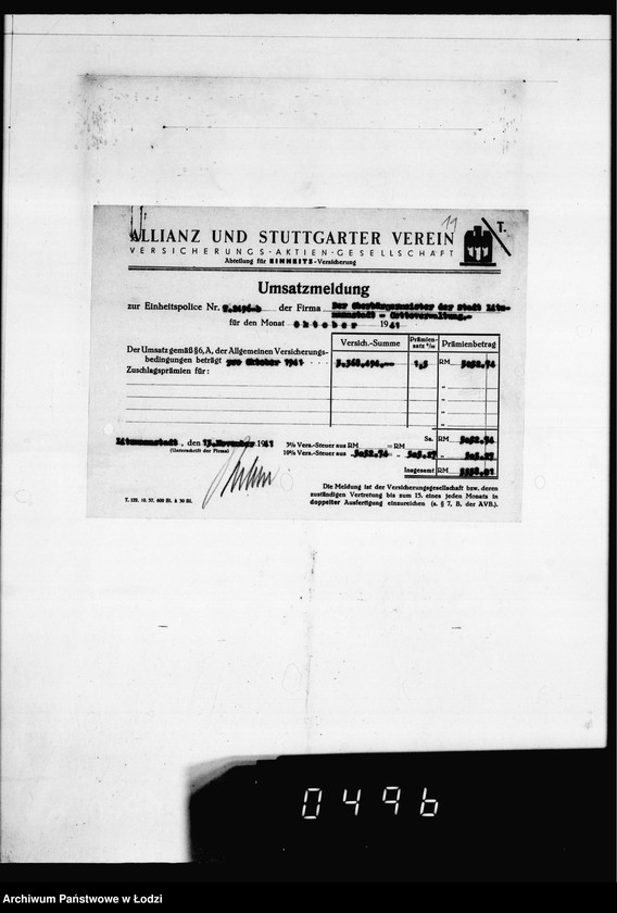 Obraz 15 z jednostki "Versicherungsakten Gesel[l]schaft [Korespondencja i polisy ubezpieczeniowe budynków i magazynów z żywnością, odzieżą, surowcami do produkcji w Getcie Łódzkim]"