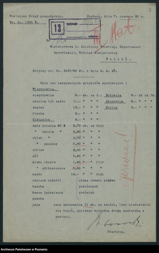 Obraz 5 z jednostki "[Wykazy cen maksymalnych artykułów spożywczych w poszczególnych miastach Województwa Pomorskiego za miesiące czerwiec i lipiec 1920 roku]"