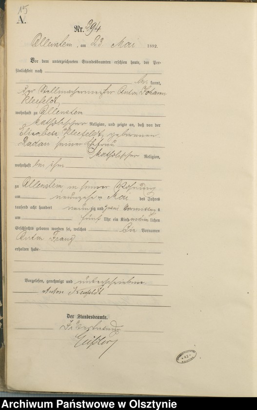 image.from.unit.number "Geburts-Haupt-Register Tom II,Nr 281 - 560"