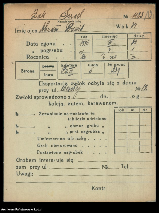 Obraz 13 z jednostki "Kartoteka osób pochowanych na cmentarzu żydowskim przy ulicy Brackiej w latach 1892-1956. Nazwiska na literę Ż"