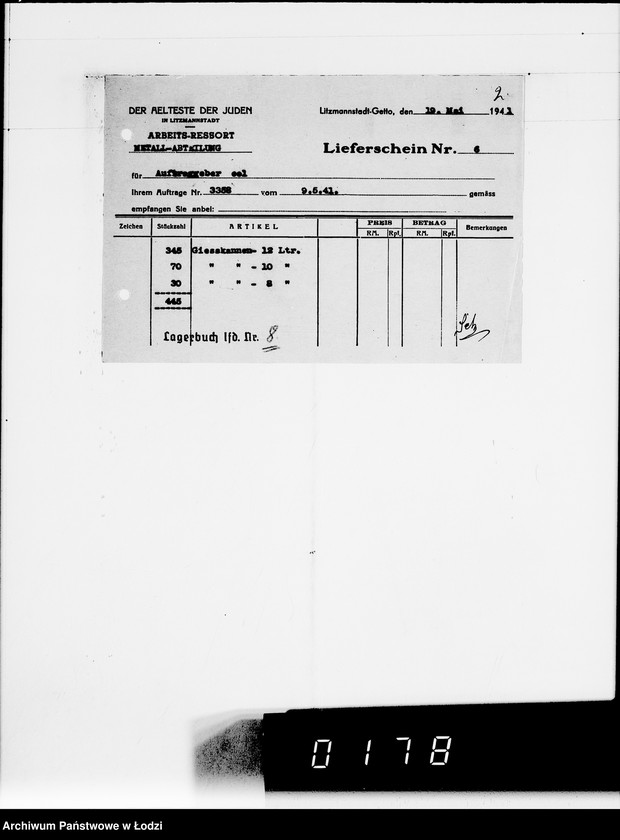 Obraz 6 z jednostki "Metall-Abteilung. [Świadectwa dostaw z Getta]"