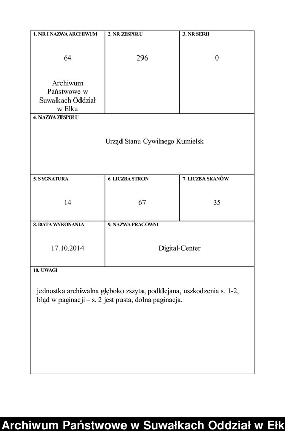 image.from.unit.number "Heiraths-Haupt-Register des Königlichen Preussischen Standes-Amtes Kumilsko Kreis Johannisburg"