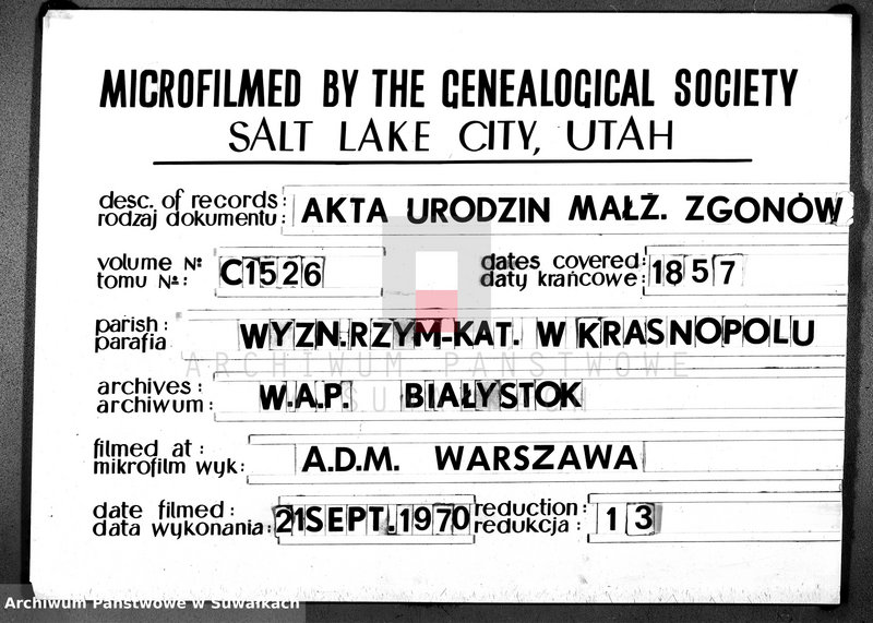 image.from.unit.number "Dupplikat Urodzonych, Zaślubionych i Umarłych Parafii Krasnopolskiej 1857 roku."