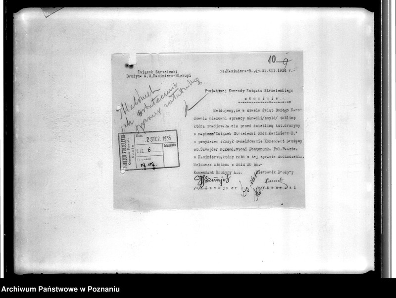 Obraz 14 z jednostki "Korespondencja Związku Strzeleckiego, sprawozdania, kwestionariusze ewidencyjne, rozkazy Komendy Powiatowej Związku Strzeleckiego w Koninie i podległych jej oddziałów"