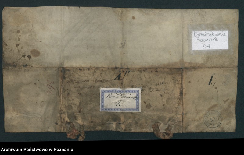 Obraz 3 z jednostki "Przemysł (I), książę Polski, wraz z bratem Bolesławem i matką Jadwigą nadają braciom dominikanom ziemię nad Wartą w Poznaniu dla"