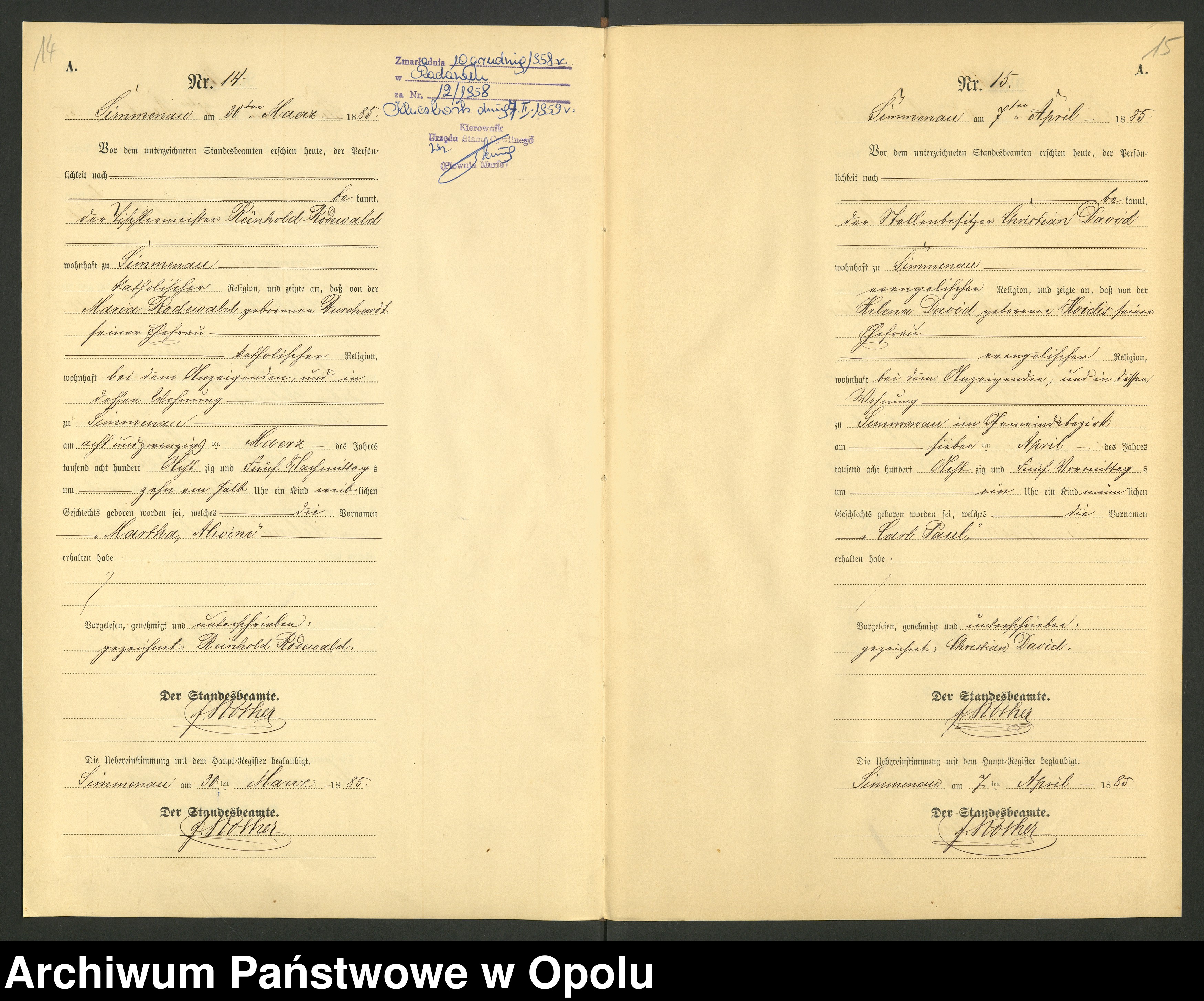 Skan z jednostki: Geburts-Neben-Register Standesamts zu Simmenau pro 1885