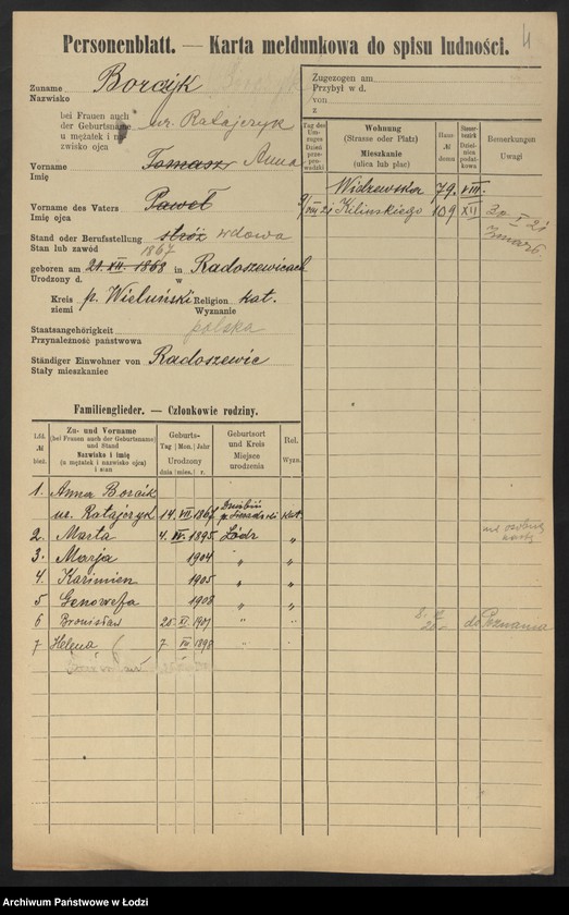 Obraz 6 z jednostki "[Spis ludności Łodzi] Borczuch - Borkowski"