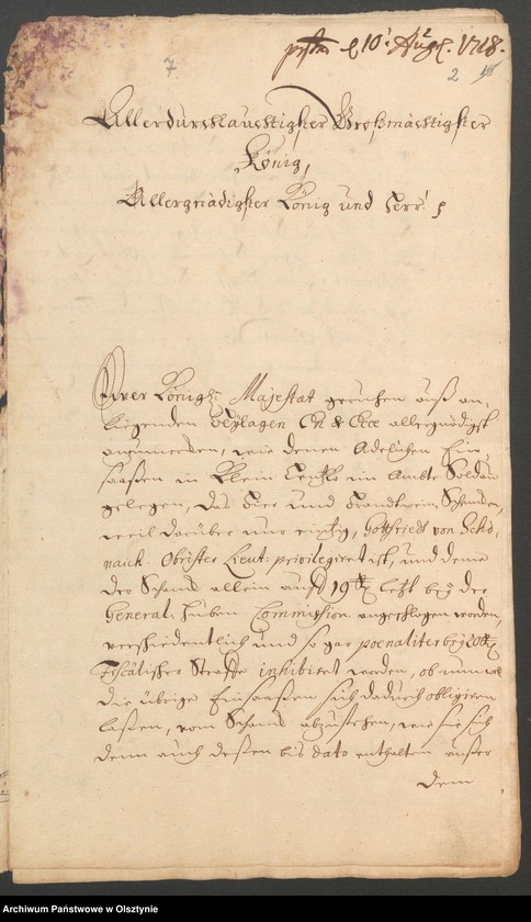 image.from.unit.number "In S. [Sachen] Gottfried von Schönaich Obristliet. [Obristlieutenant] Christoph Henrich von Gersdorff, Verweser zu Neidenburg [Nidzica], wegen Bier, und Brandtwein Schanks in Klein Lentzko [Mały Łęck]"