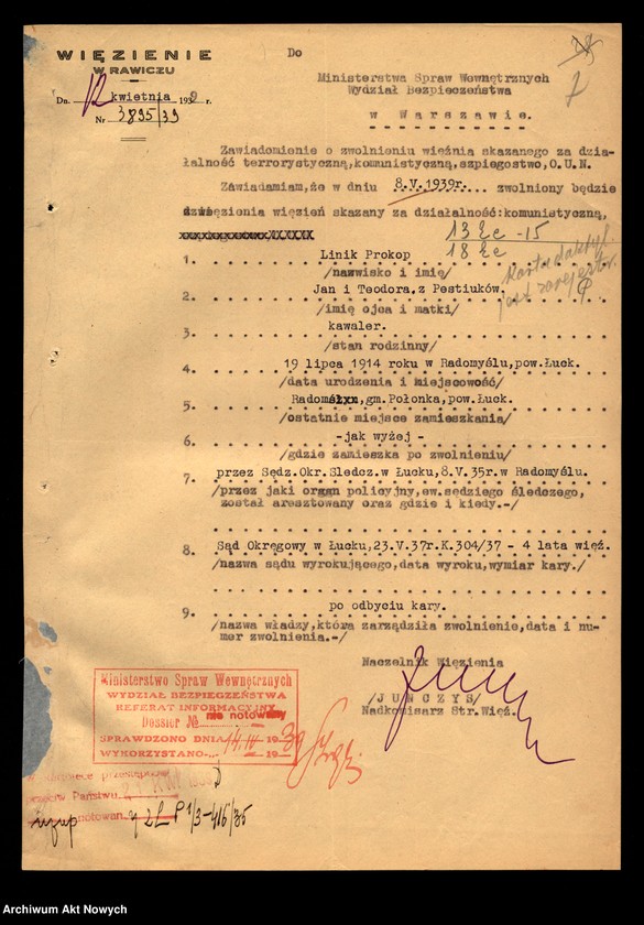 image.from.unit.number "Więzienie w Rawiczu - informacje o zwolnieniu osób skazanych za działalność komunistyczną. Kwestionariusze."
