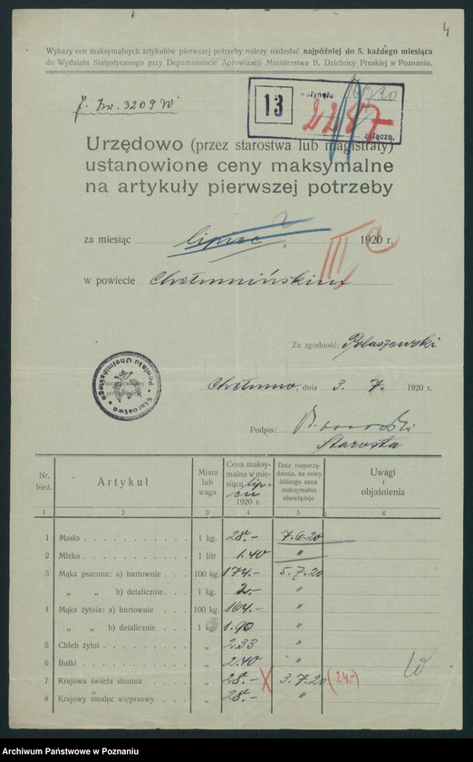 Obraz 6 z jednostki "[Wykazy cen maksymalnych artykułów spożywczych w poszczególnych miastach Województwa Pomorskiego za miesiące czerwiec i lipiec 1920 roku]"