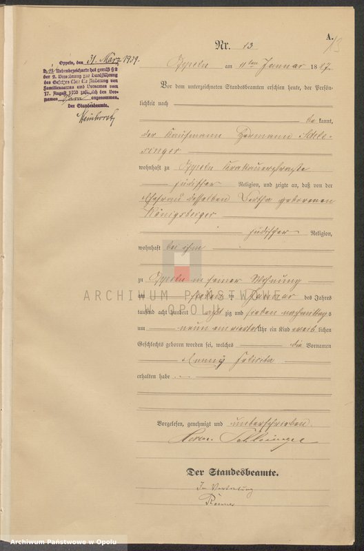 Obraz 17 z jednostki "Urząd Stanu Cywilnego w Opolu 1887 Rejestr Urodzeń Księga Miejscowa Nr 1 do 331"