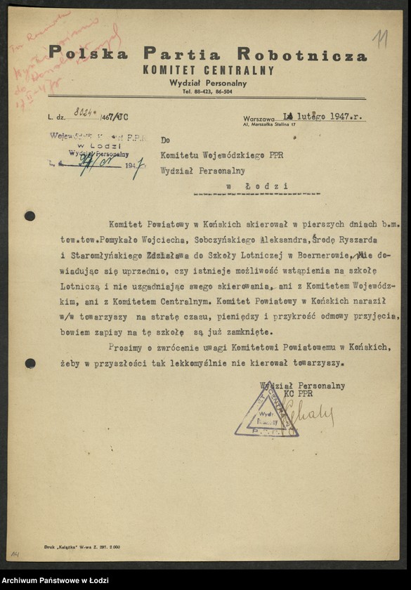 Obraz 12 z jednostki "Korespondencja [z Wydziałem Personalnym Komitetu Centralnego]"