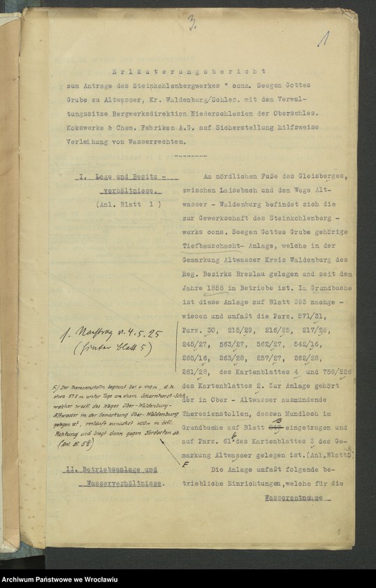 image.from.unit.number "Antrag auf Sicherstellung hilfsw. Verleihung u. Wasserrechten und deren Eintragung in das Wasserbuch für das Steinkohlenbergwerk Cons. Seegen-Gottes-Grube zu Altwasser Kr. Waldenburg i. Schl. Tiefbau-Schacht-Anlage I+II"