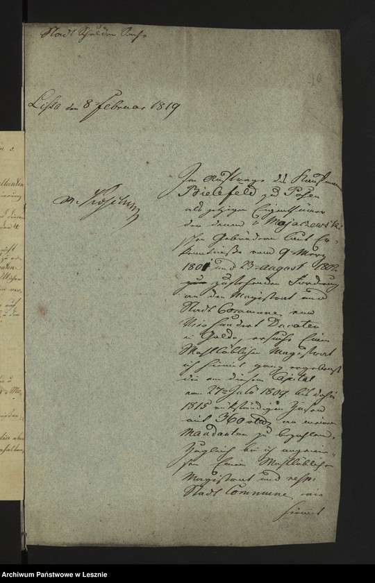 Obraz 13 z jednostki "[Akta manualia des Adwokat Jungmann zu Lissa in Sachen des Kaufmanns Bielefeld zu Posen gegen den Magistrat zu Lissa wegen 424 R. nebst Zinsen]"