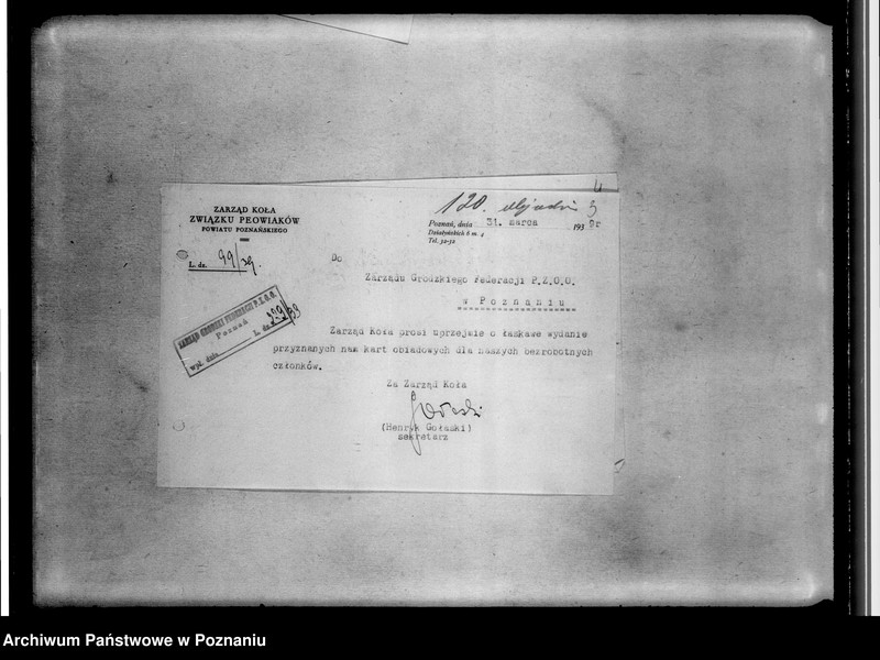 image.from.unit.number "Korespondencja z Zarządem Koła Związku Powiatów powiatu poznańskiego: skład zarządu, korespondencja w sprawie wydania bonów obiadowych dla bezrobotnych członków związku - sprawy finansowe"