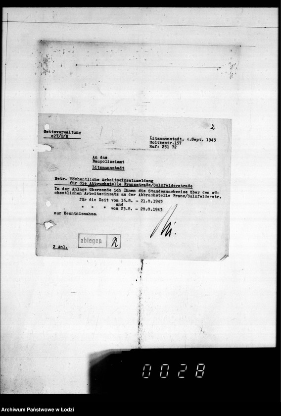 Obraz 6 z jednostki "Abbrüche im Getto. [Korespondencja w sprawie rozbiórki domów w Getcie, miesięczne zestawienia wykonanych prac, wykazy zatrudnionych przy pracach rozbiórkowych]"