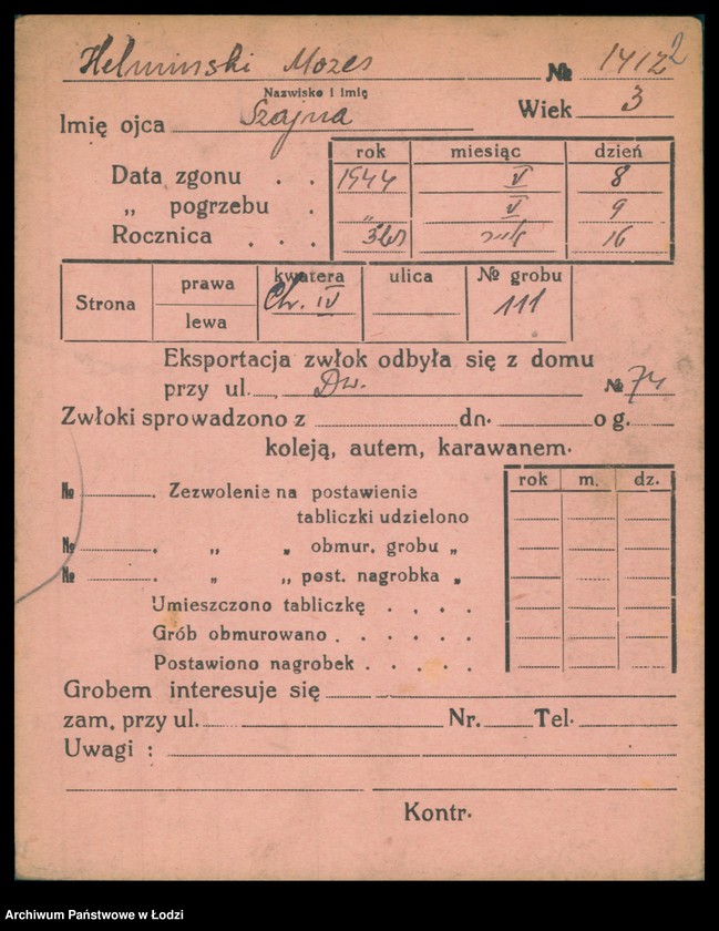 Obraz 3 z jednostki "Kartoteka osób pochowanych na cmentarzu żydowskim przy ulicy Brackiej w latach 1892-1955. Nazwiska na litery: Helmi-Hey"