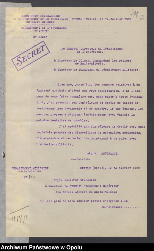 Obraz 14 z jednostki "Entress-Pieces emanant des autorites subordonnees/ /Korespondencja wpływająca pochodząca od władz wyższych i podległych - pisma, zarządzenia, instrukcje / 1.02-8.07.1922"